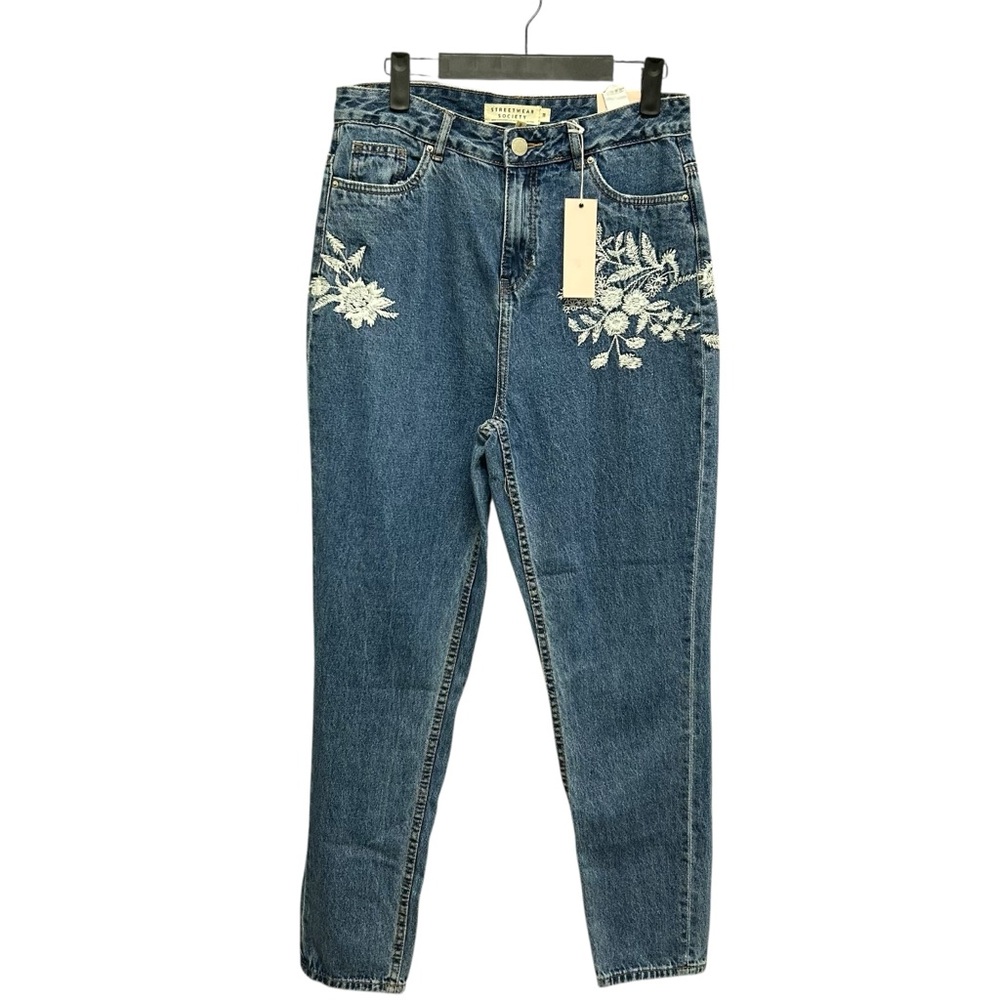 Streetwear Society Blue Denim Ankle Jeans with White Floral Embroidery